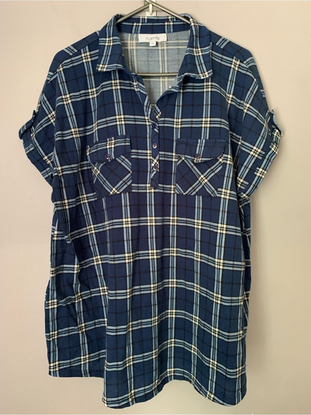 Blue Plaid Short-Sleeve Button Tunic 1x